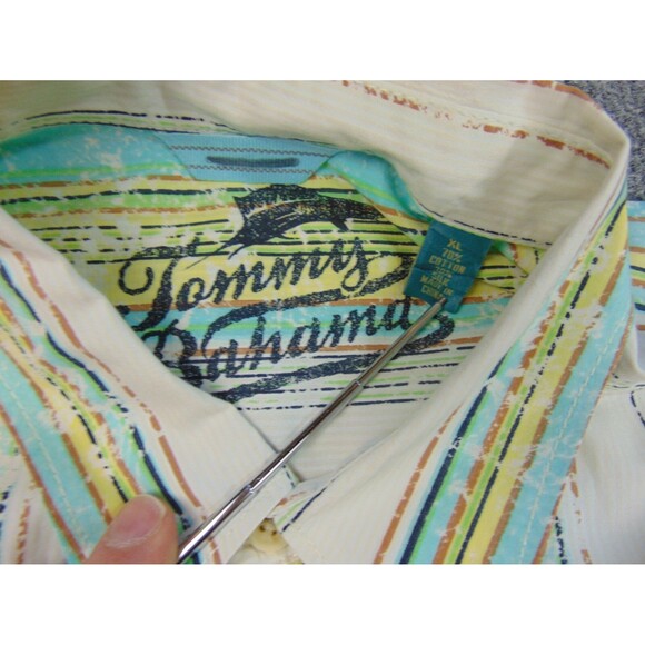 Tommy Bahama Shirt Mens XL Green Blue Stripe Cotton Silk - Picture 4 of 7